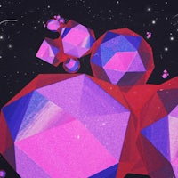a purple, pink, and blue geometric pattern with stars in the background